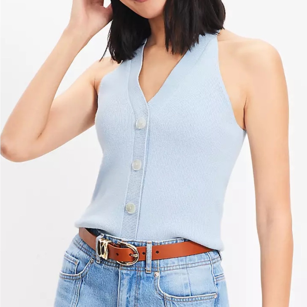 LOFT Light Blue V-Neck Button Halter Knit Tank